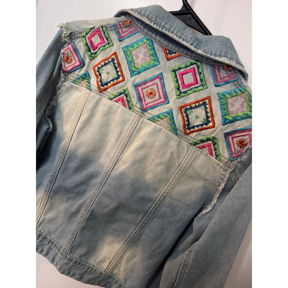 Women's Light Blue Embroidered Denim Jacket with Geometric Back Panel